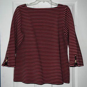 Talbots Striped 3/4 Zip Sleeve Pink Blue Blouse Tunic Cotton Stretch Size Large